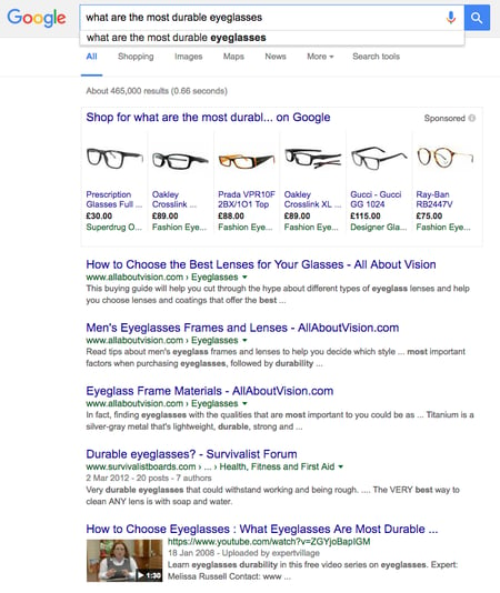 screen shot of example seo keywords